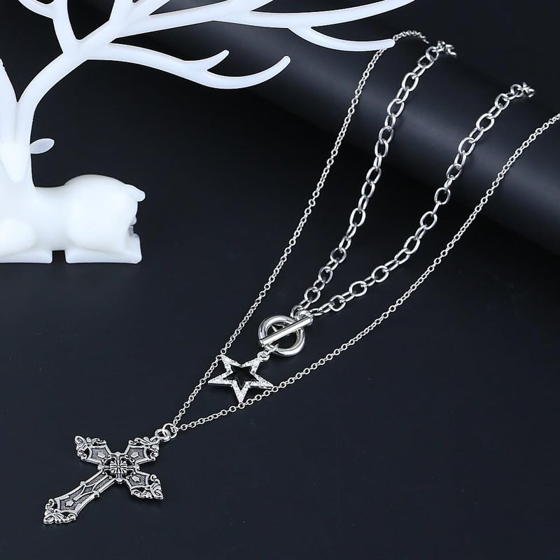 Hremhoo Gothic Cross Necklace for Women Exaggerate Large Cross Pendant Necklace Gothic Layered Choker Necklaces Punk Goth Emo Grunge Y2k Necklaces for Women - Image 4